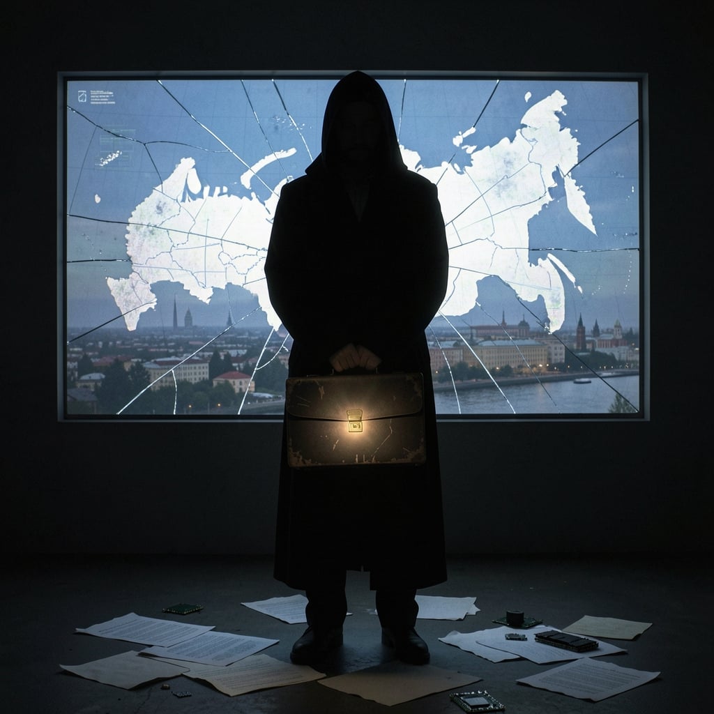 Shadowy figure in a long coat holds a worn briefcase emitting a subtle glow, standing before a cracked screen displaying a…