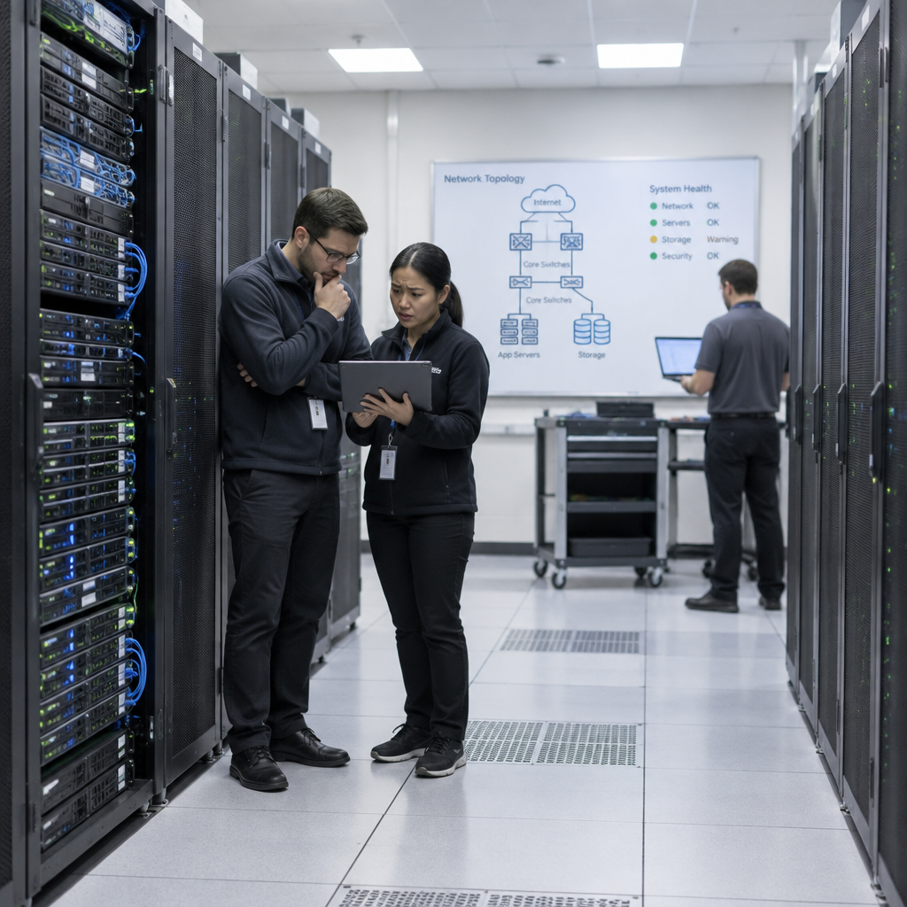 Technicians in a data center review system information on a tablet, surrounded by computer servers and storage equipment,…
