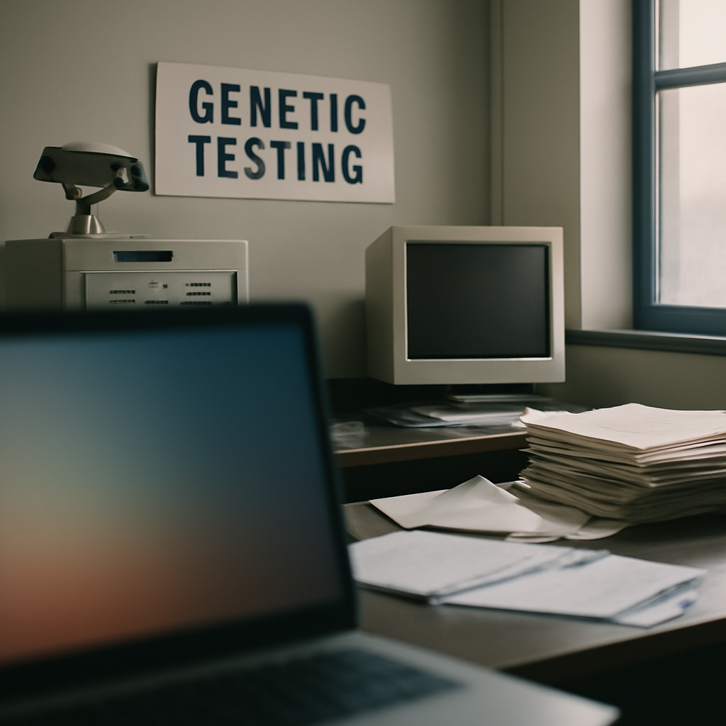 Genetic testing lab with modern and traditional equipment, conveying scrutiny and security.