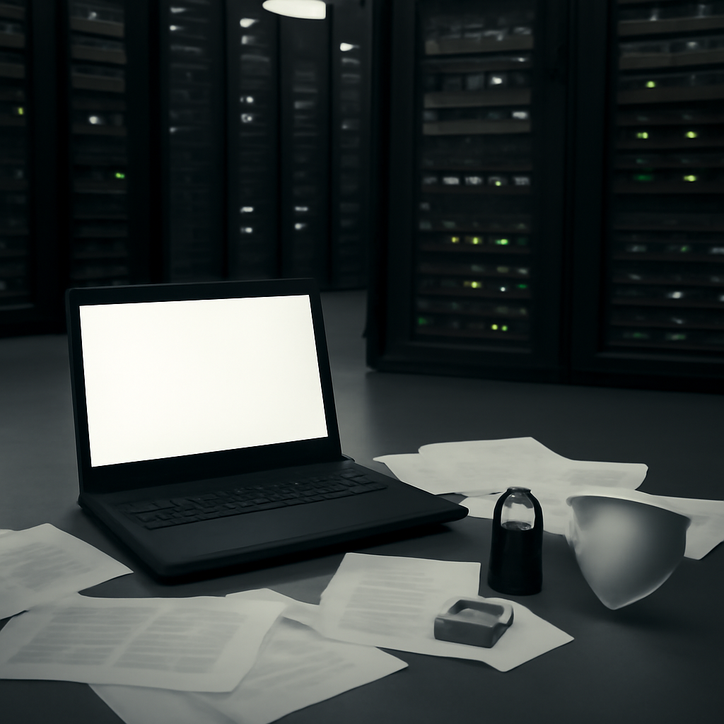 Dimly lit server room with rows of computer servers and a lone laptop in the foreground.