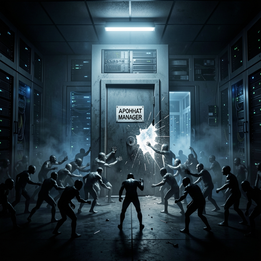 Malicious IPs swarm around a locked server door in a dark, ominous digital landscape.