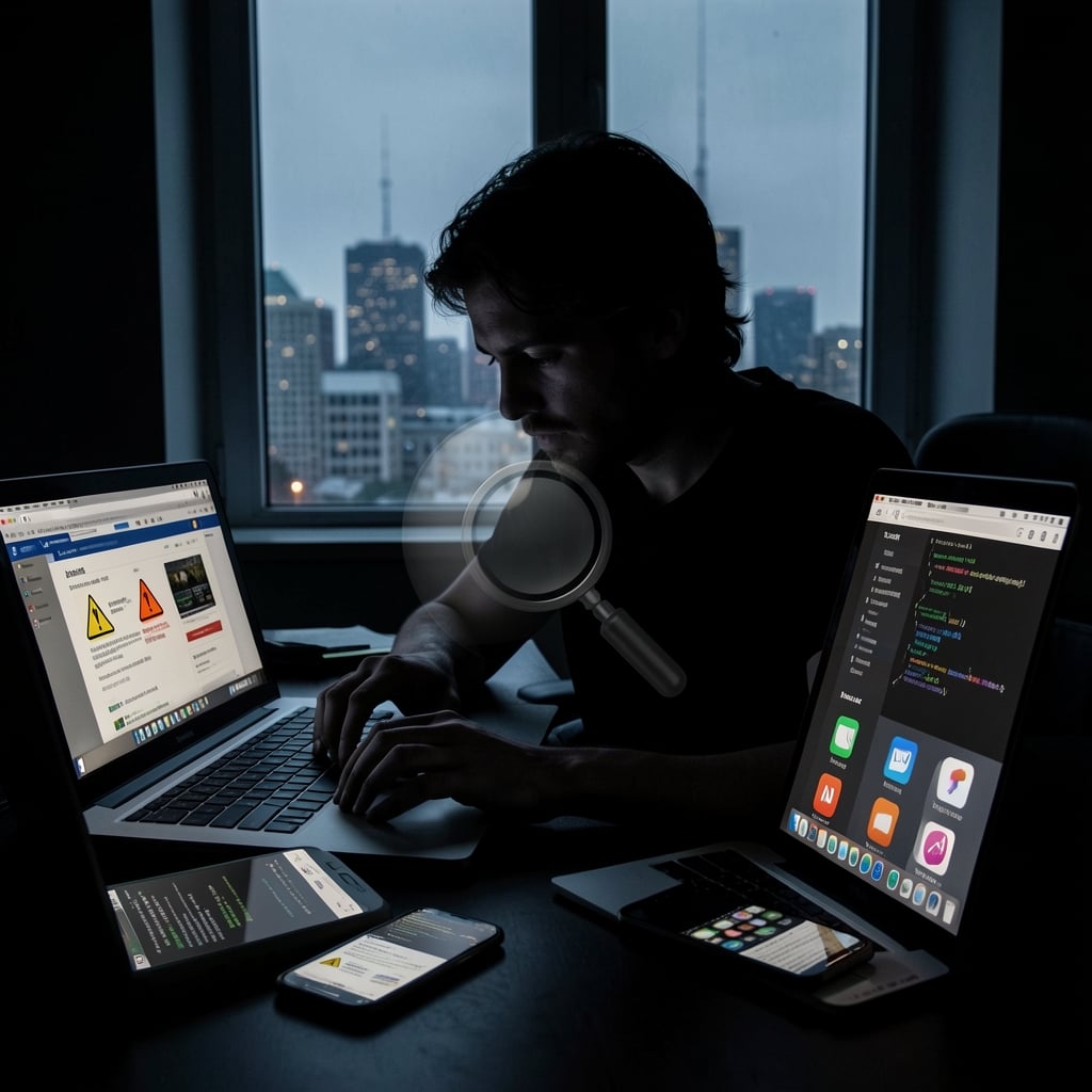 Person in dark room surrounded by screens with face obscured by shadows.