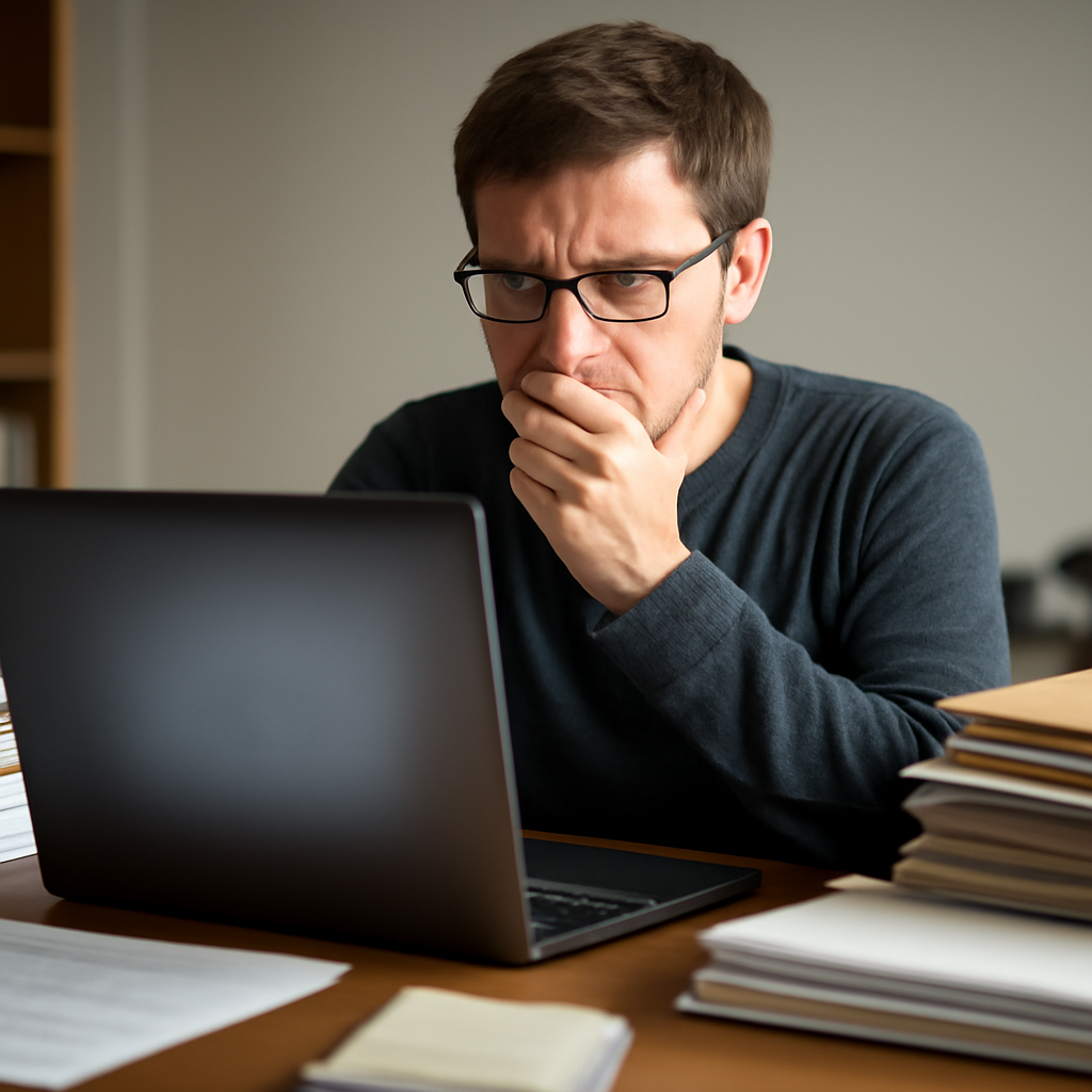 Concerned computer user looks at screen amidst paperwork and files.