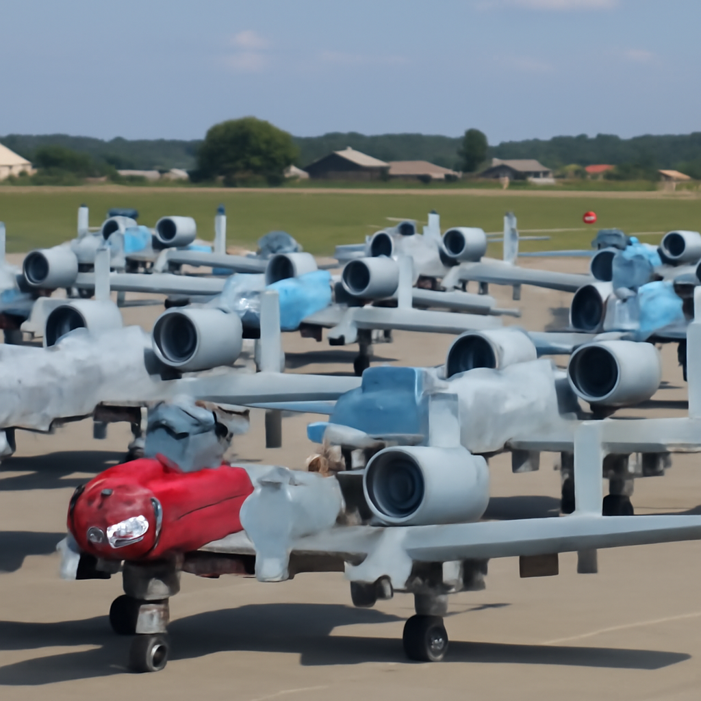 Formation of 11 A-10C Thunderbolt II aircraft with colorful nose art and squadron markings at RAF Lakenheath.