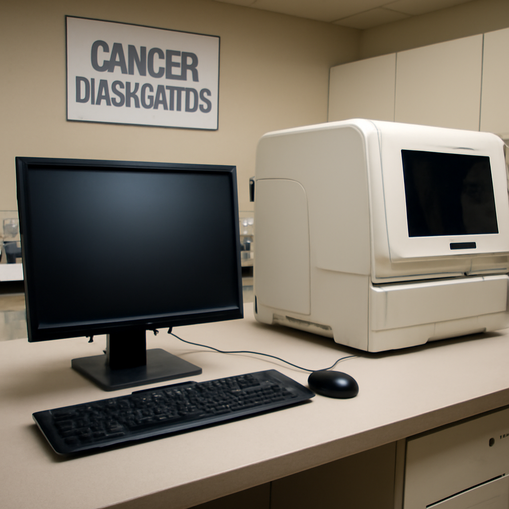 Medical device in a Cancer Diagnostics lab with a computer workstation in the background.