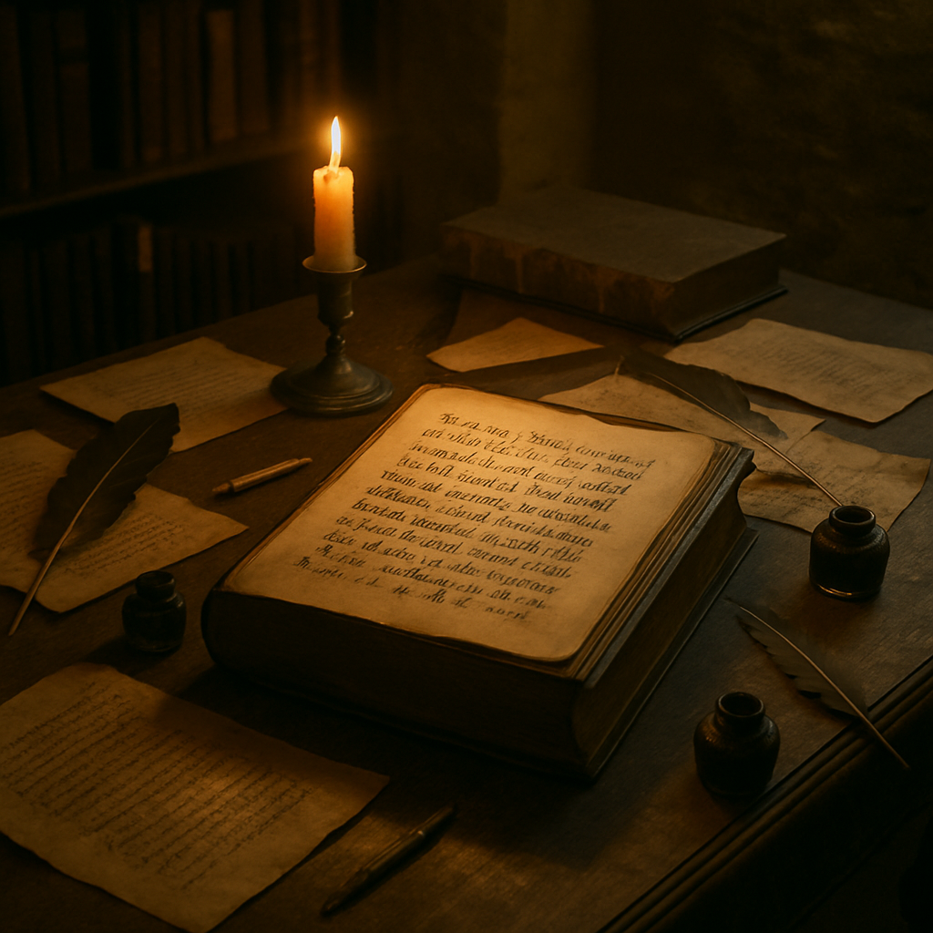 Scholars' workspace with candlelit manuscript and scattered parchments.