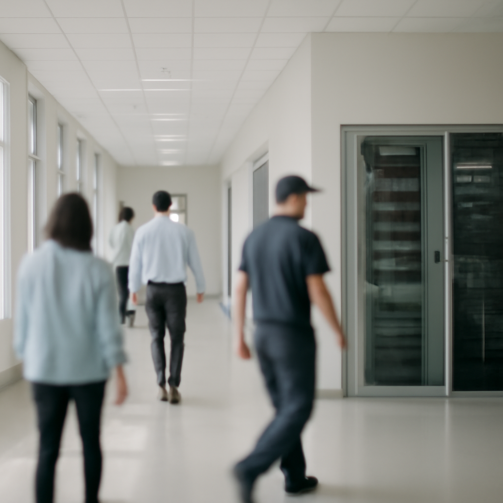 Large office building with subtle tech infrastructure and blurred office workers in foreground.