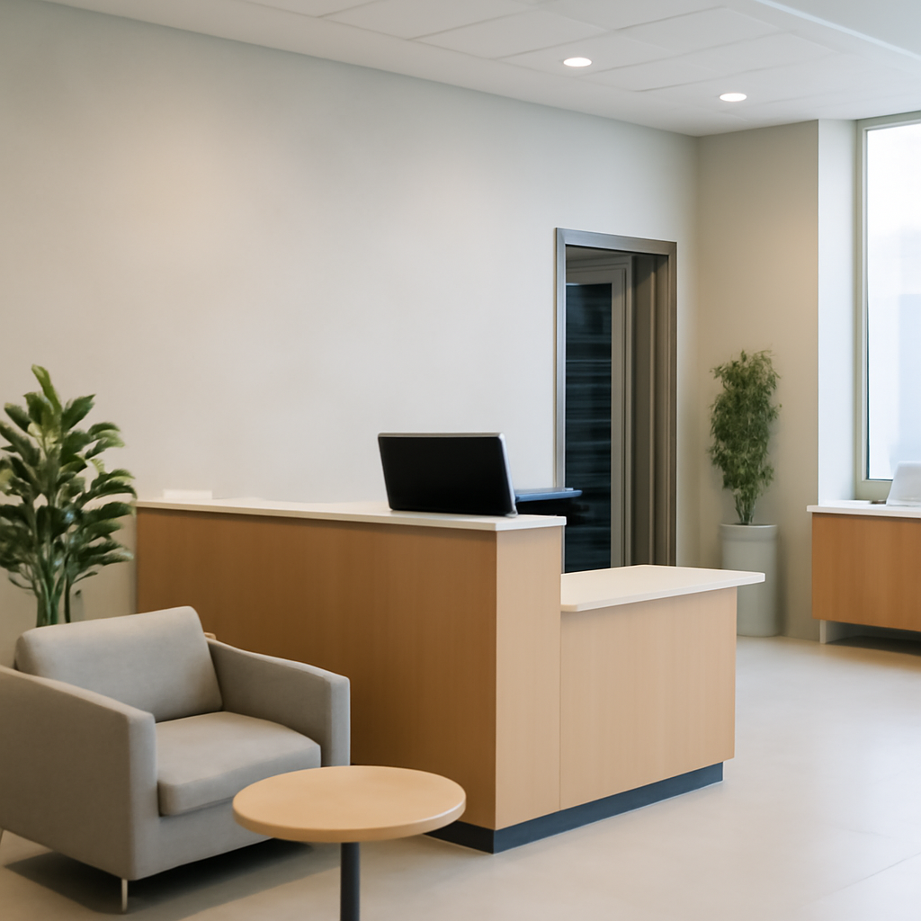 A brightly-lit office lobby with subtle hints of technology in the background.