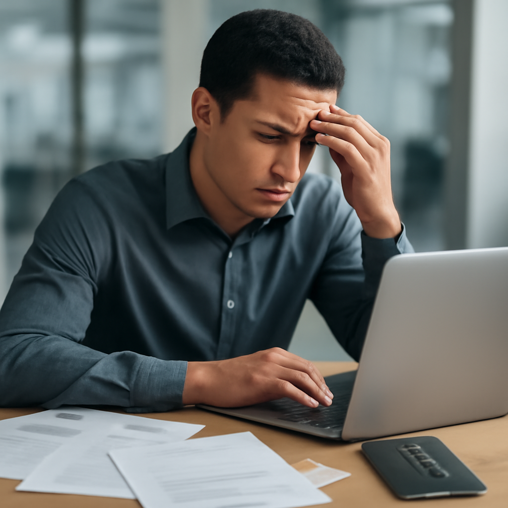 Person sitting at desk with laptop, papers, and security items in office setting.