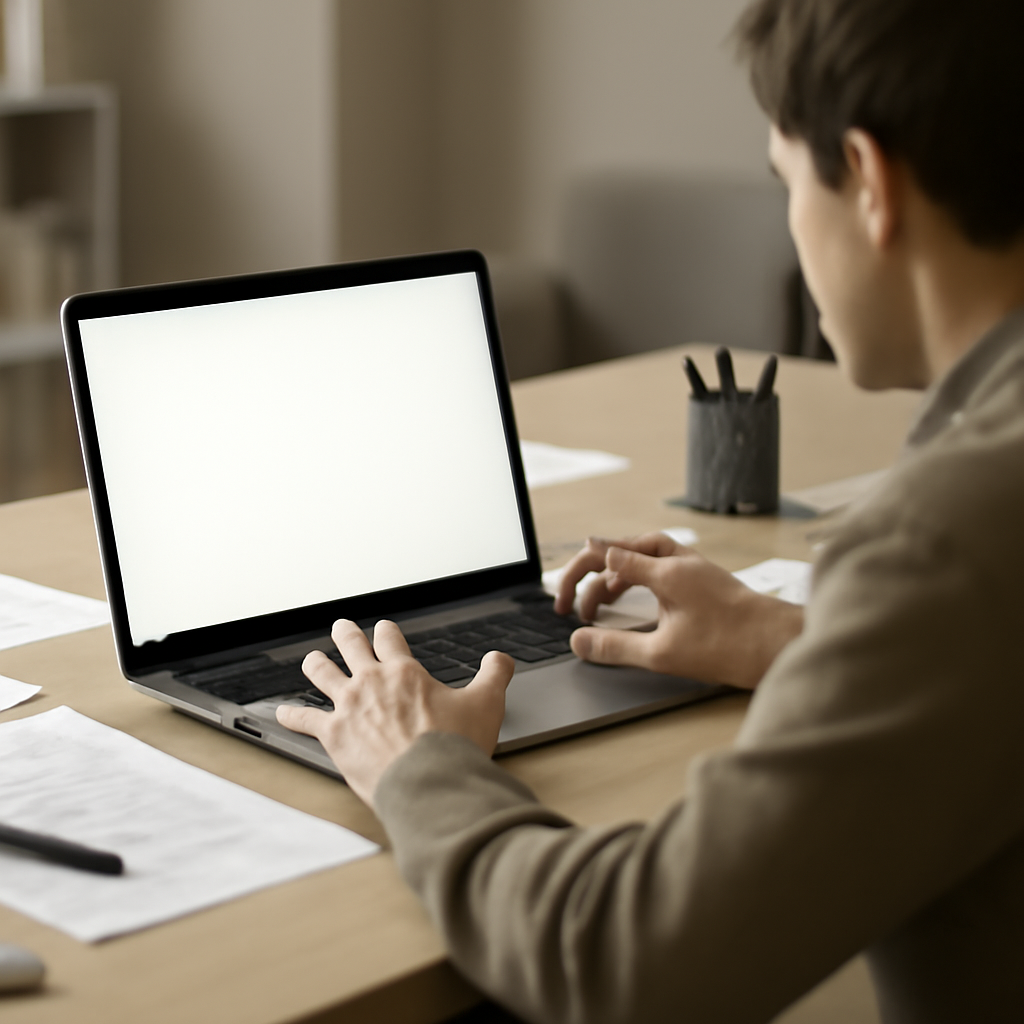 Person sitting at desk with laptop, hands poised over keyboard in modern office setting.