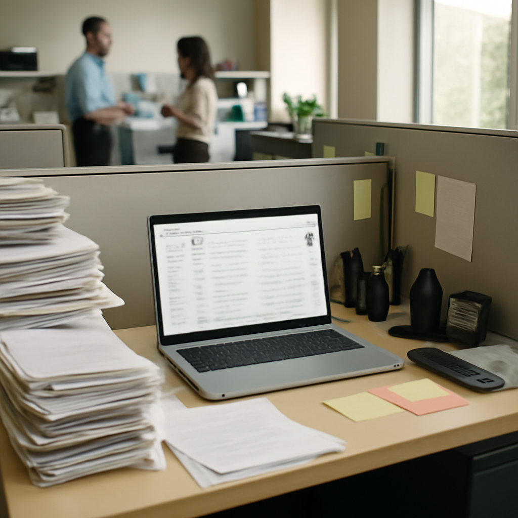 Cluttered office desk with laptop showing email inbox and coworker chatting in blurred background.