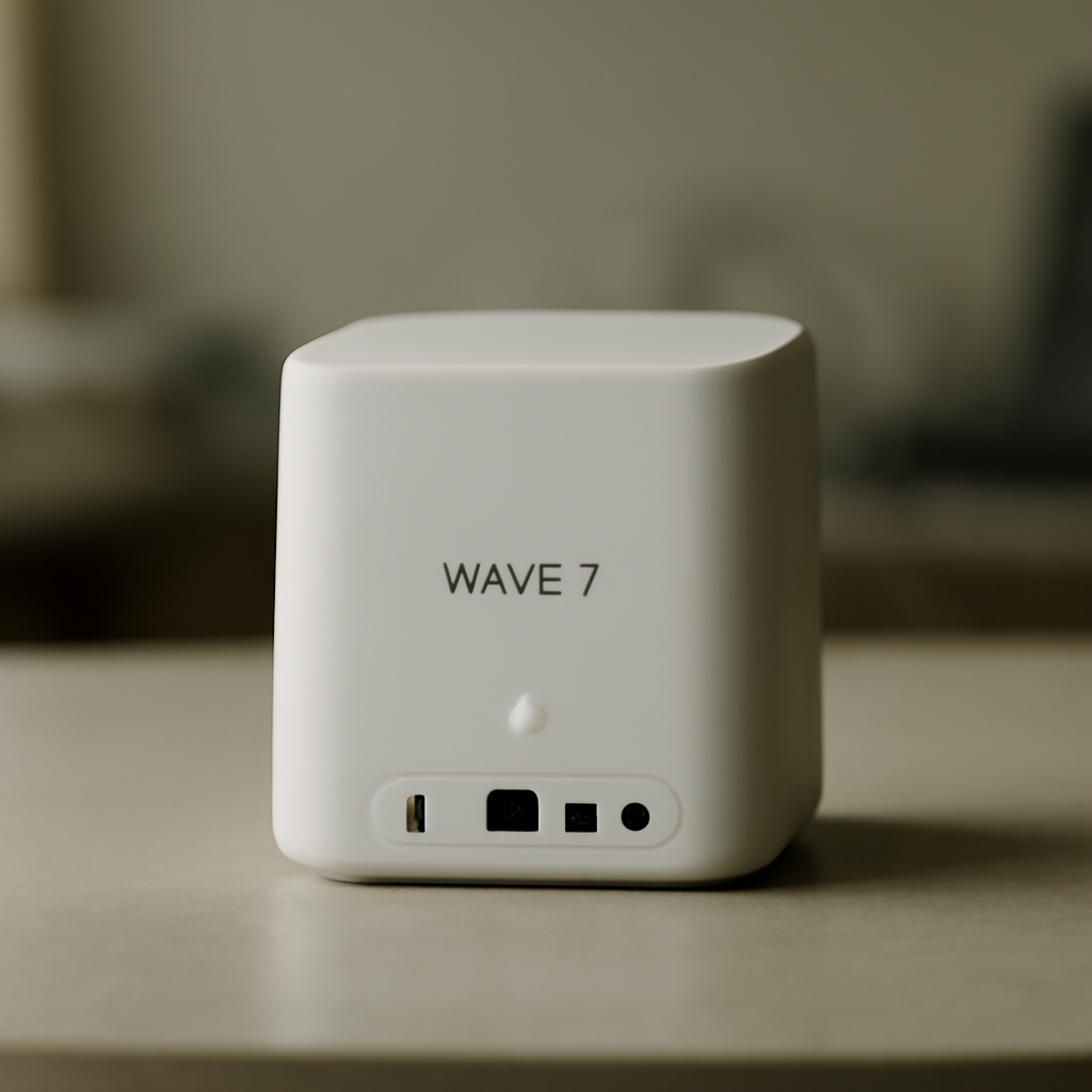 A Wave 7 mesh router centered on a neutral surface with a blurred background.