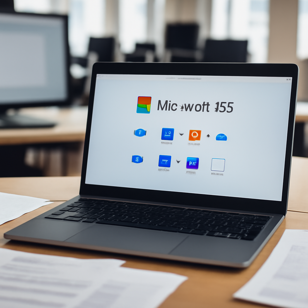 Office setting with laptop showing Microsoft 365 interface and scattered papers.