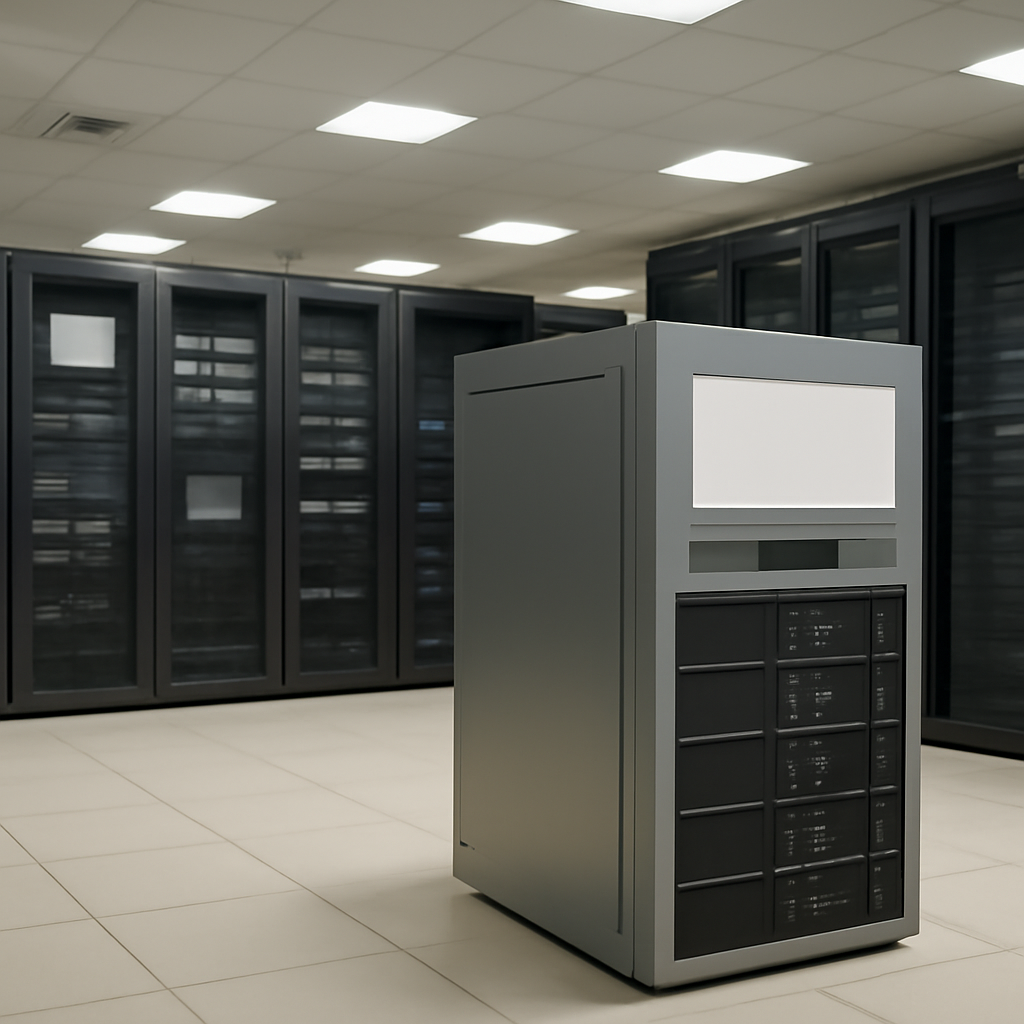 Rows of computer servers and storage equipment in a datacenter with a single device isolated in the foreground.
