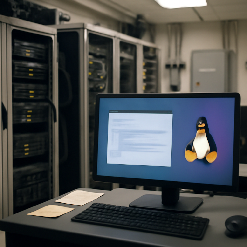Linux server room with racks of equipment and a prominent workstation showing a generic Linux desktop.
