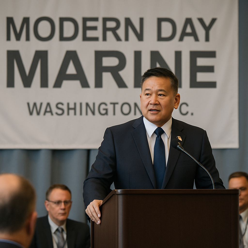 Acting Navy Secretary speaks at a podium with attendees in a conference setting.