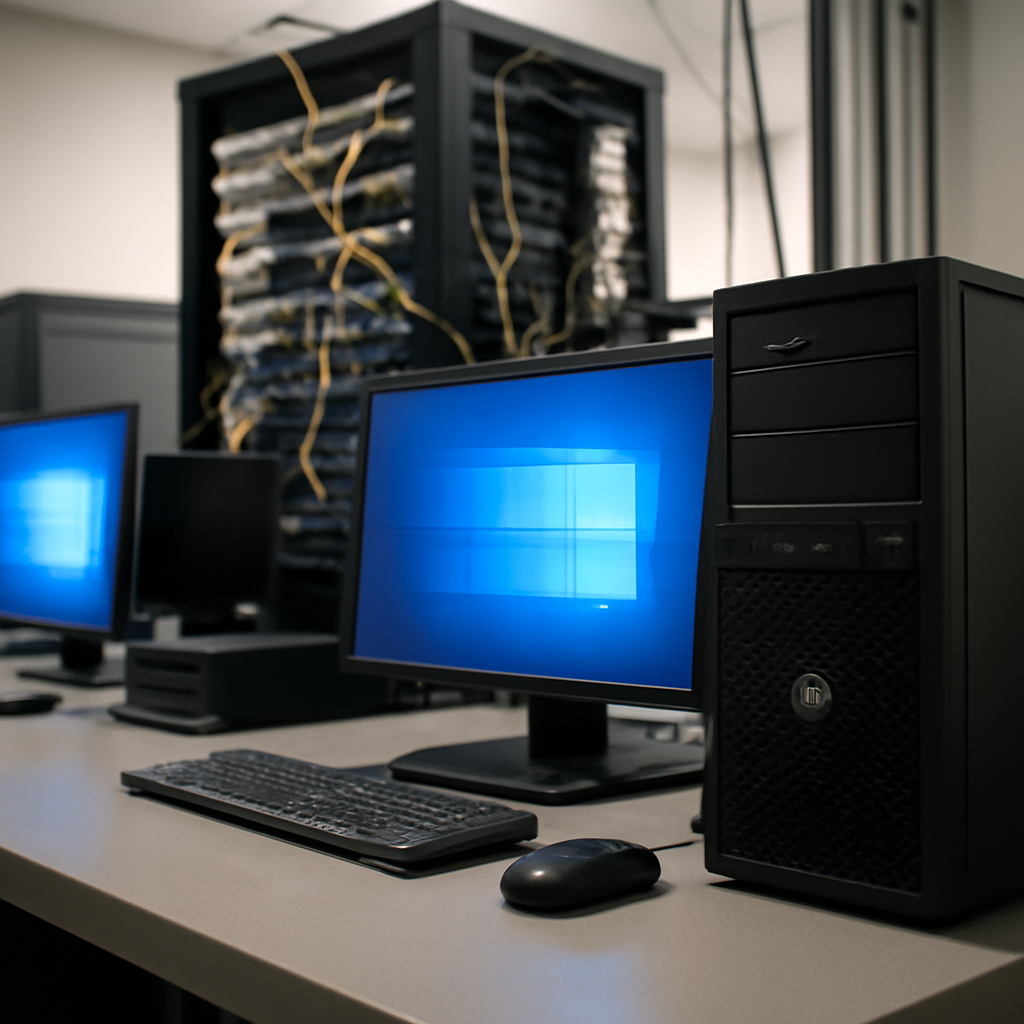 Server room setup with computers and networking equipment in a brightly-lit corporate IT environment.