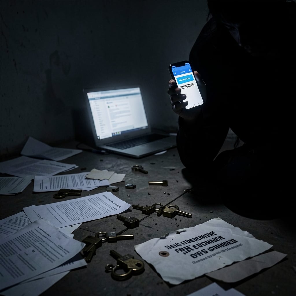Person in dark room with scattered papers and broken locks, surrounded by shadows with a laptop and smartphone displaying…