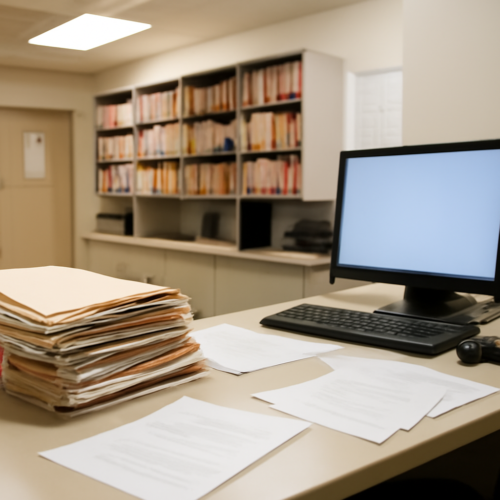 Brightly lit healthcare setting with paper files and computer screens.