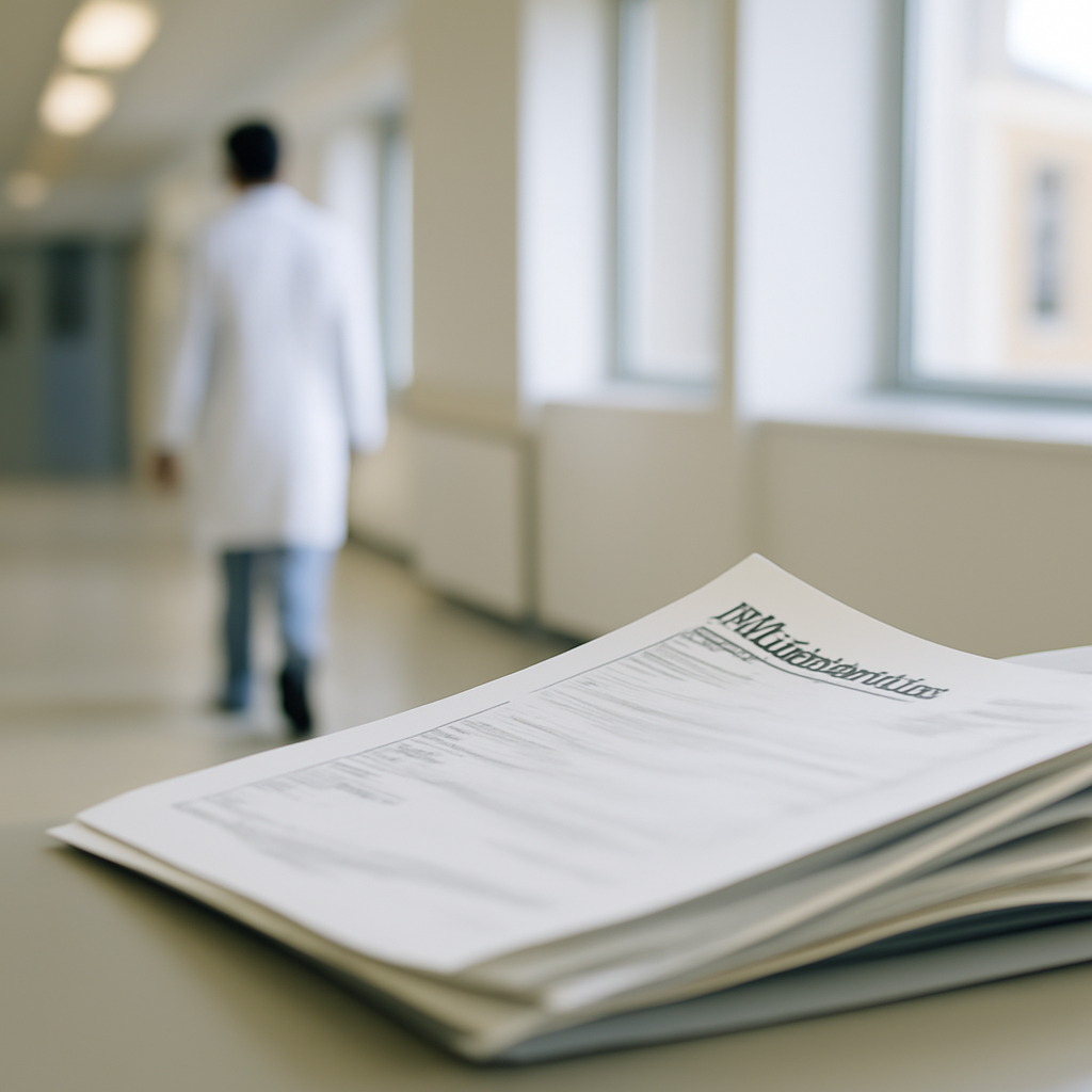 Blurred patient file in foreground, healthcare professional walking down corridor in background, suggesting a medical…