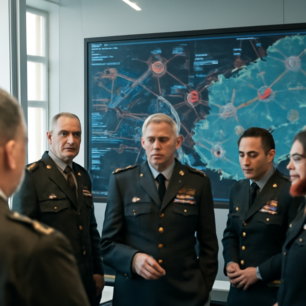 Military personnel gather around a tactical map display in a briefing room.