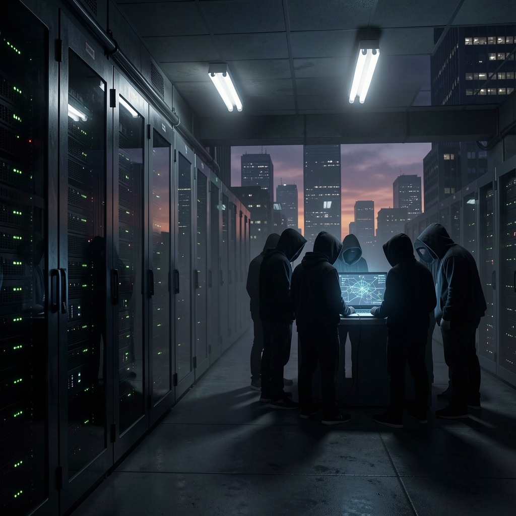 Dark cityscape with ominous server room and silhouetted figures huddled around a laptop screen.