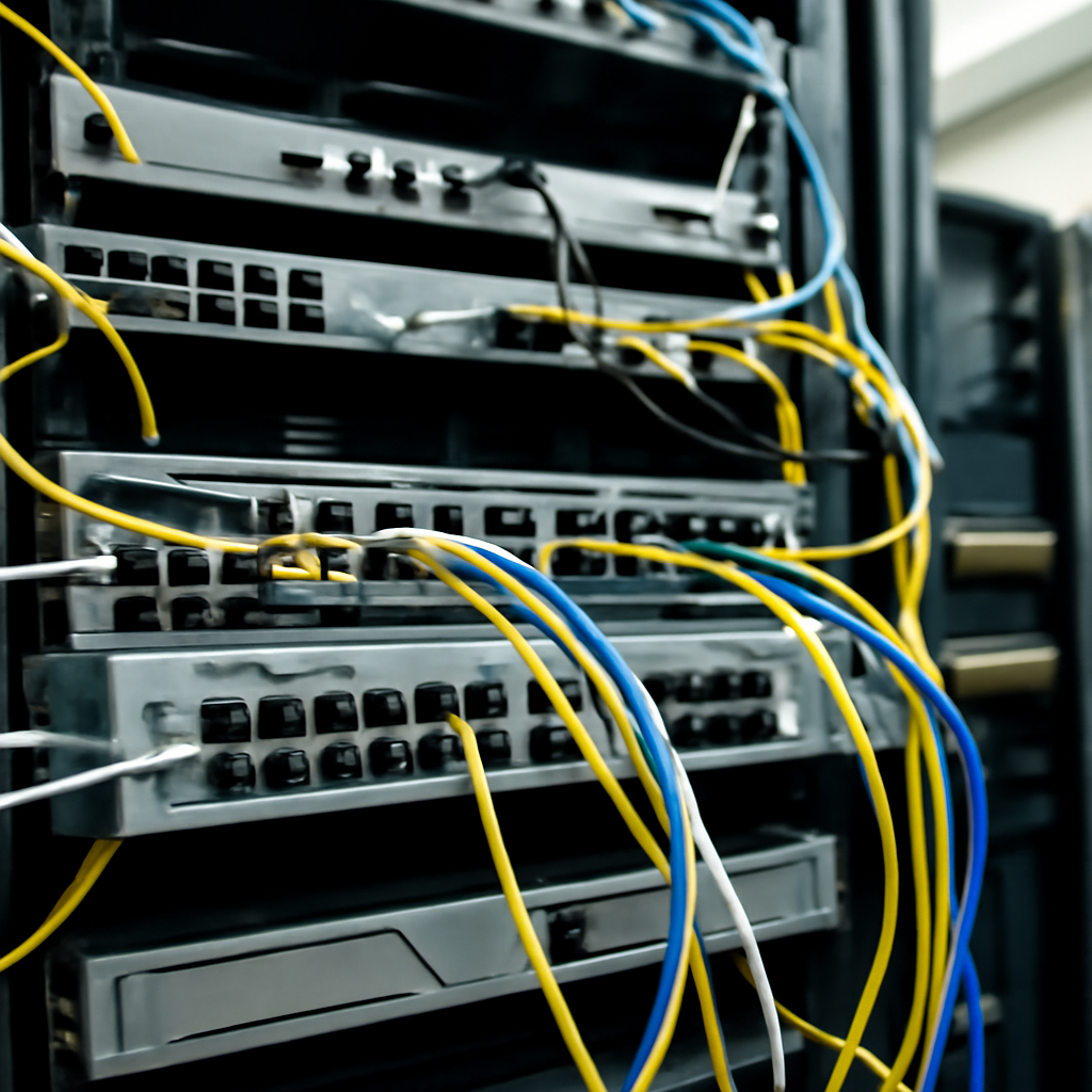 Rack of network equipment with server, cables, and devices in a brightly-lit server room.
