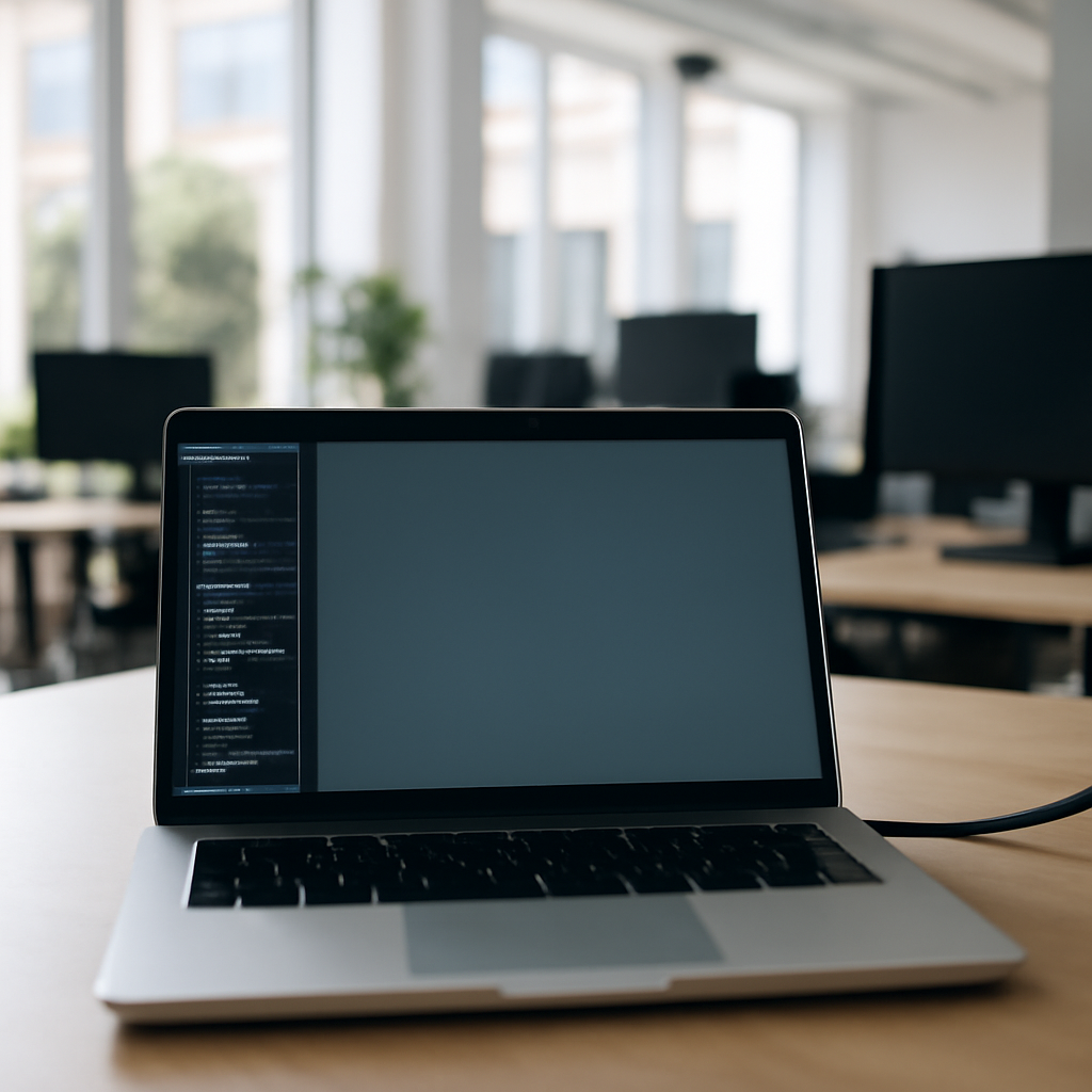 Brightly-lit tech facility with laptop screen or coding workstation, symbolizing software security.