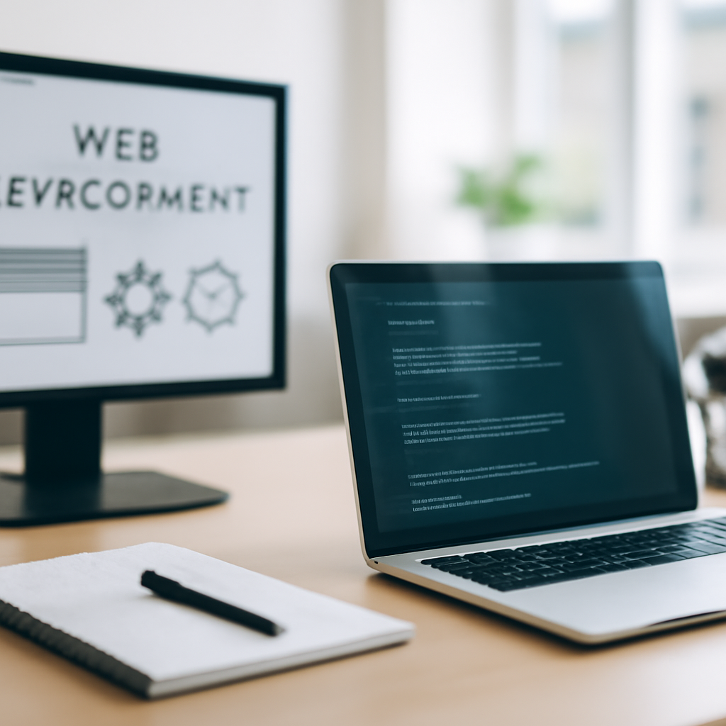 Developer workstation with laptop and software tools on a clean office background.