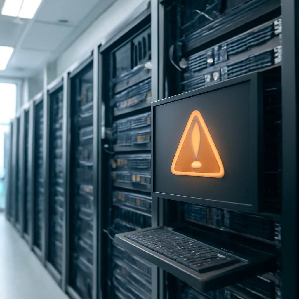 Rows of computer servers and networking equipment in a brightly-lit data center with a focused server interface.