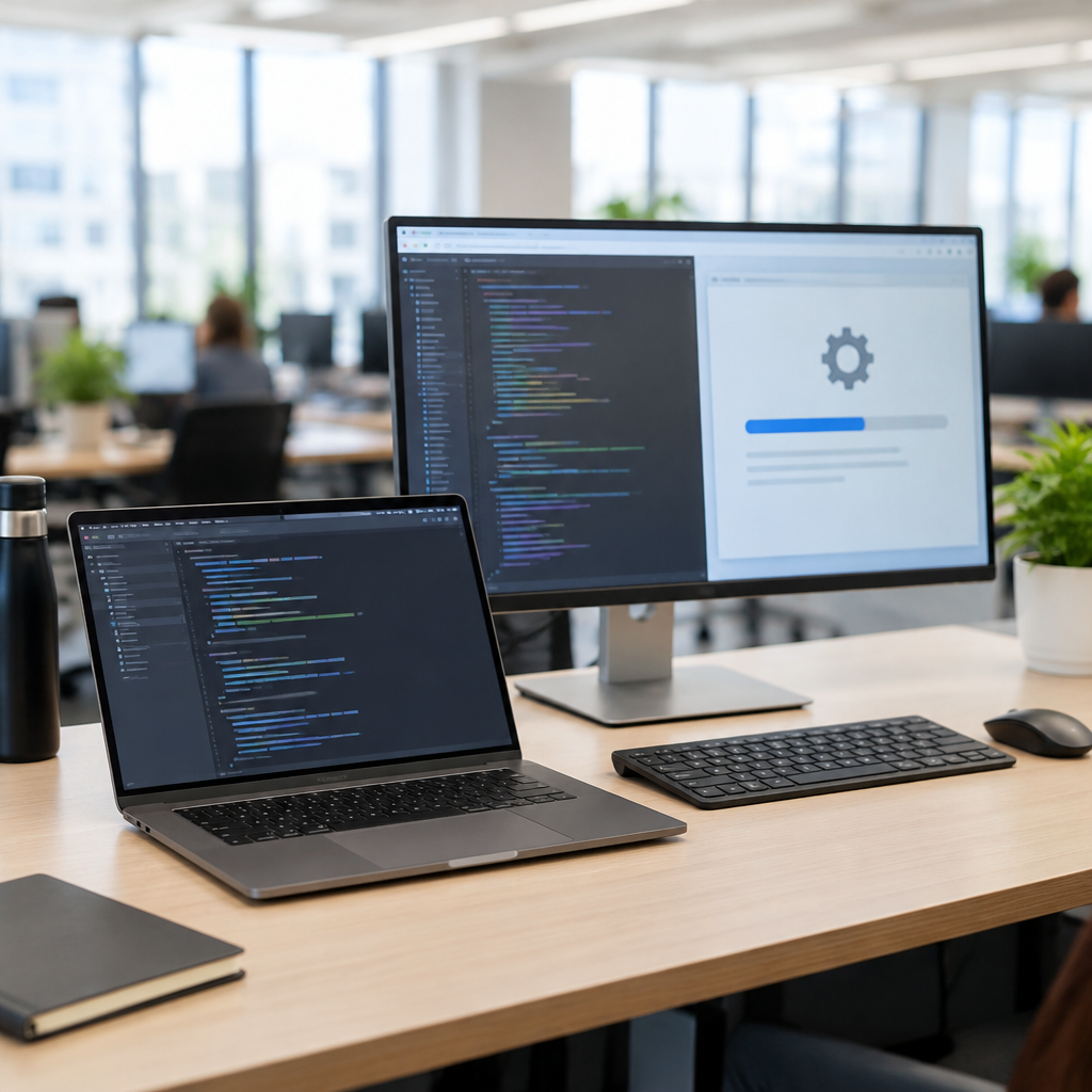 Modern software development workstation with laptop and large monitor on a clean desk.