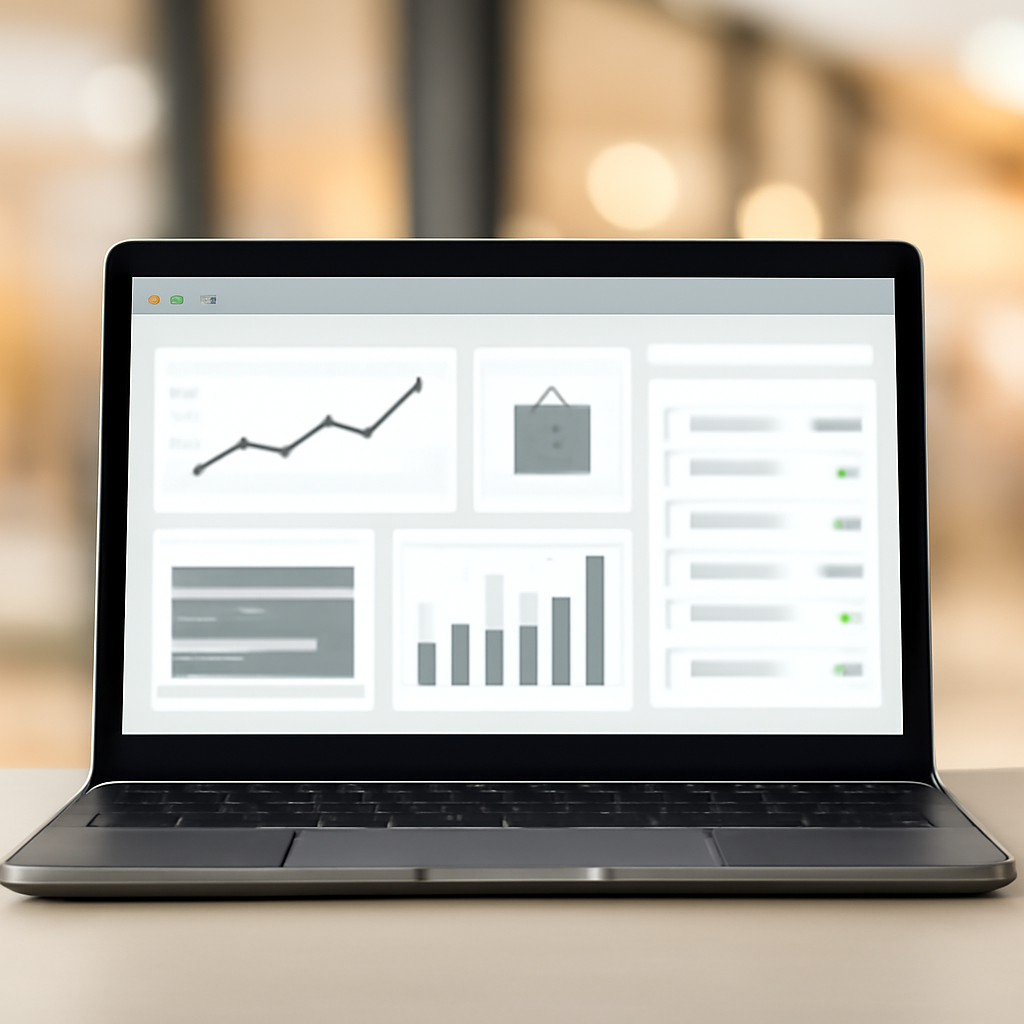 E-commerce website management dashboard on a laptop screen in a retail setting.