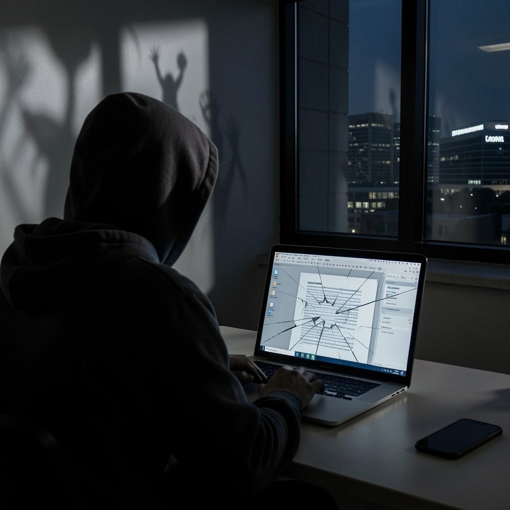 Person in hoodie sits before laptop with cracked PDF on screen, surrounded by eerie shadows and cityscape.