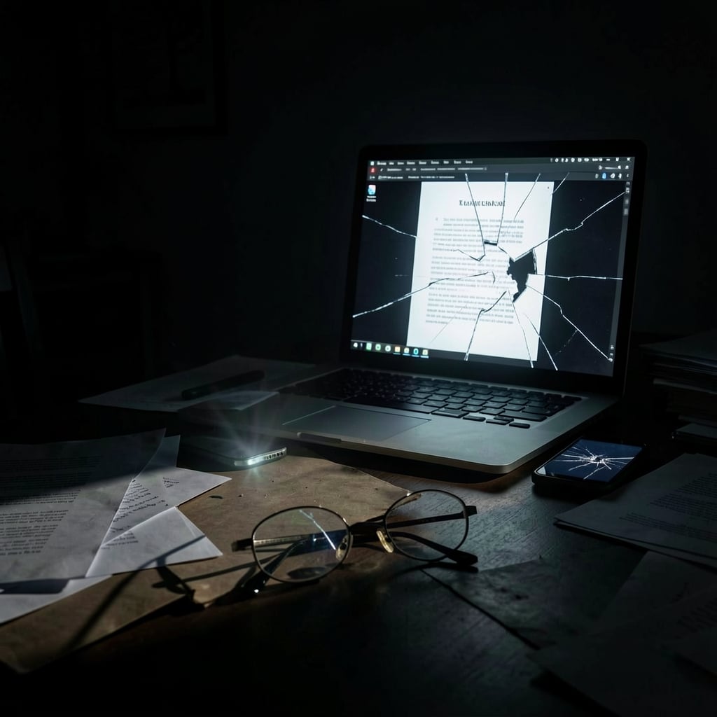 Person in dark room surrounded by papers, laptop and phone glow with eerie light.