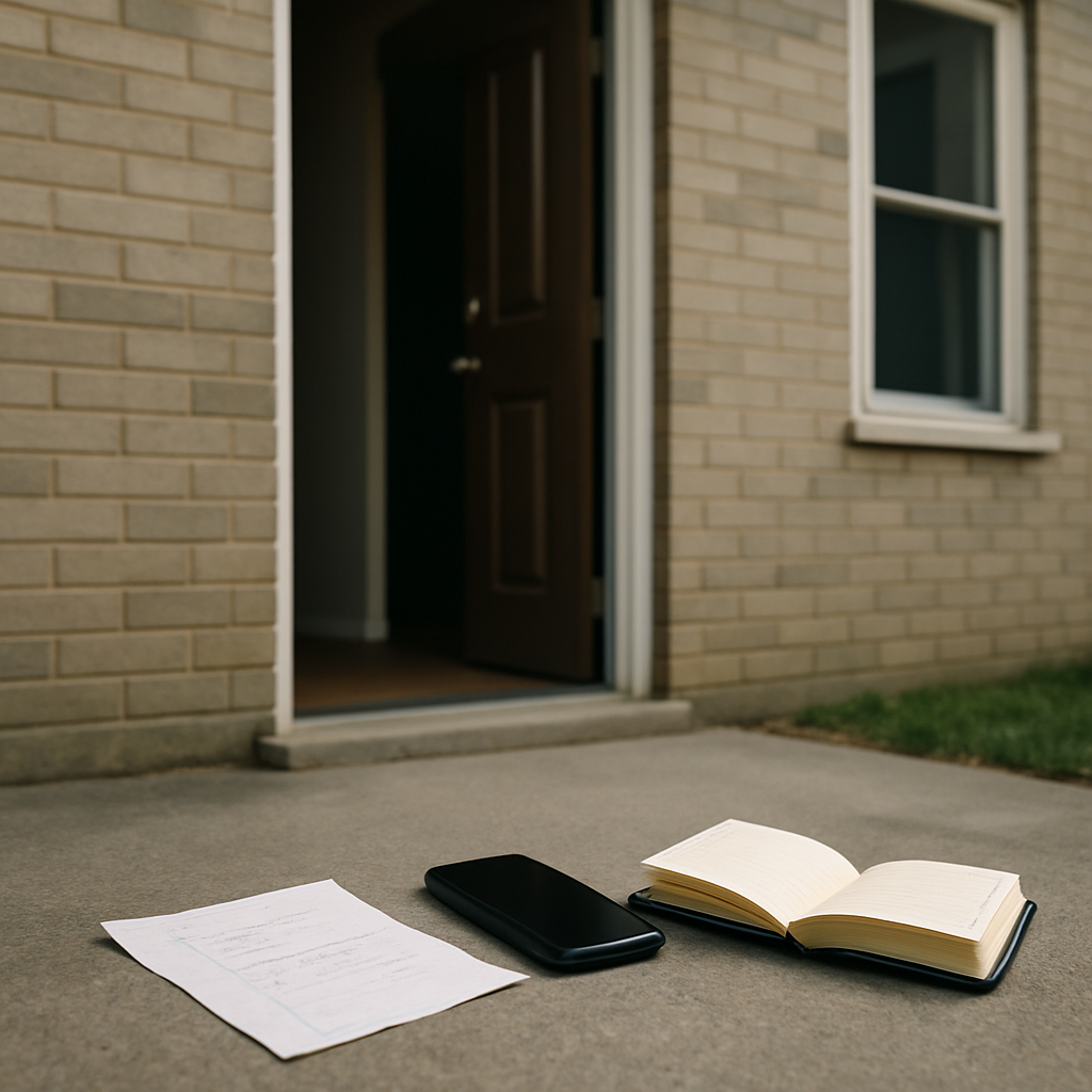 Residential building with open door and scattered personal items, hinting at vulnerability.