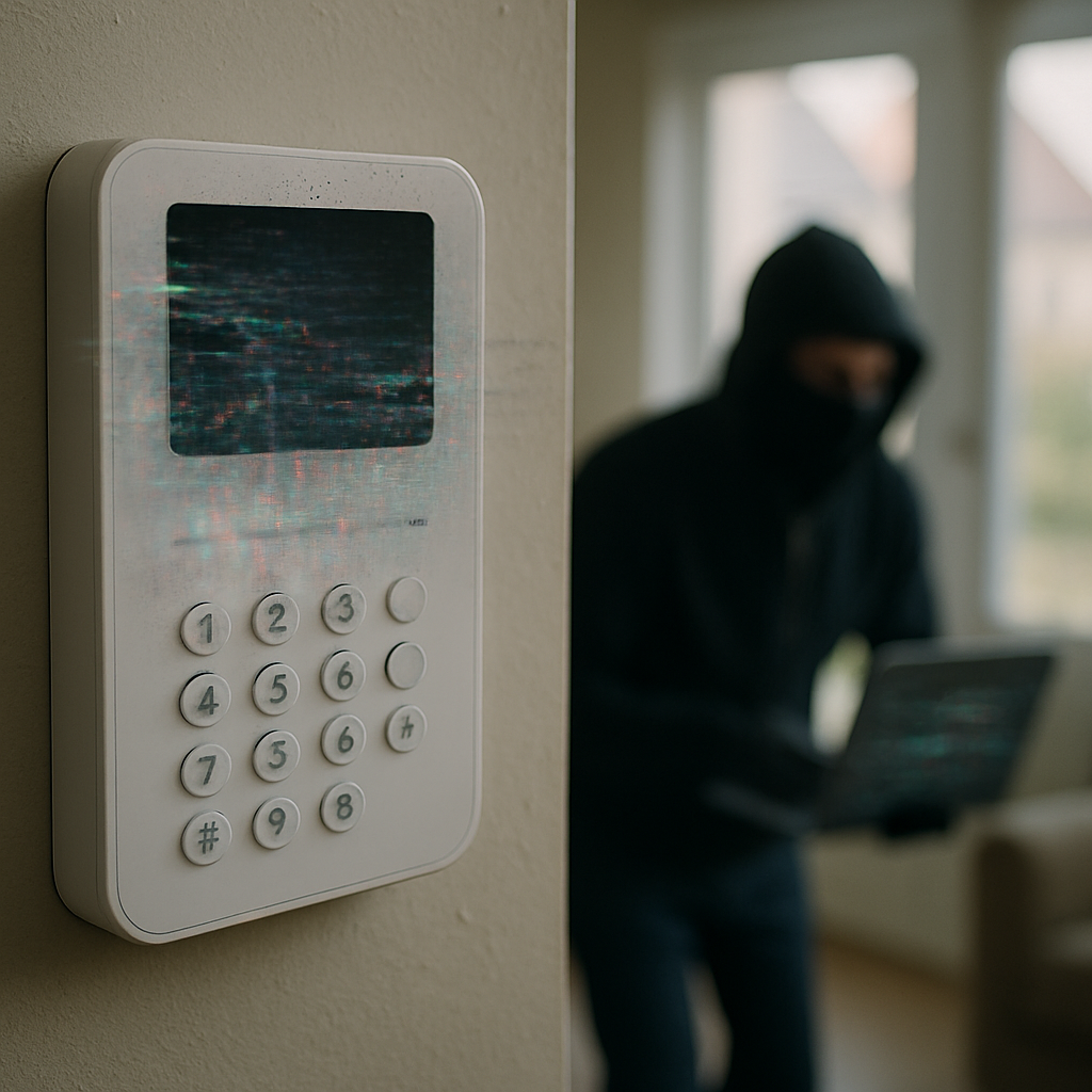 Blurred smart home device on a table amidst a residential setting hints at a security breach.