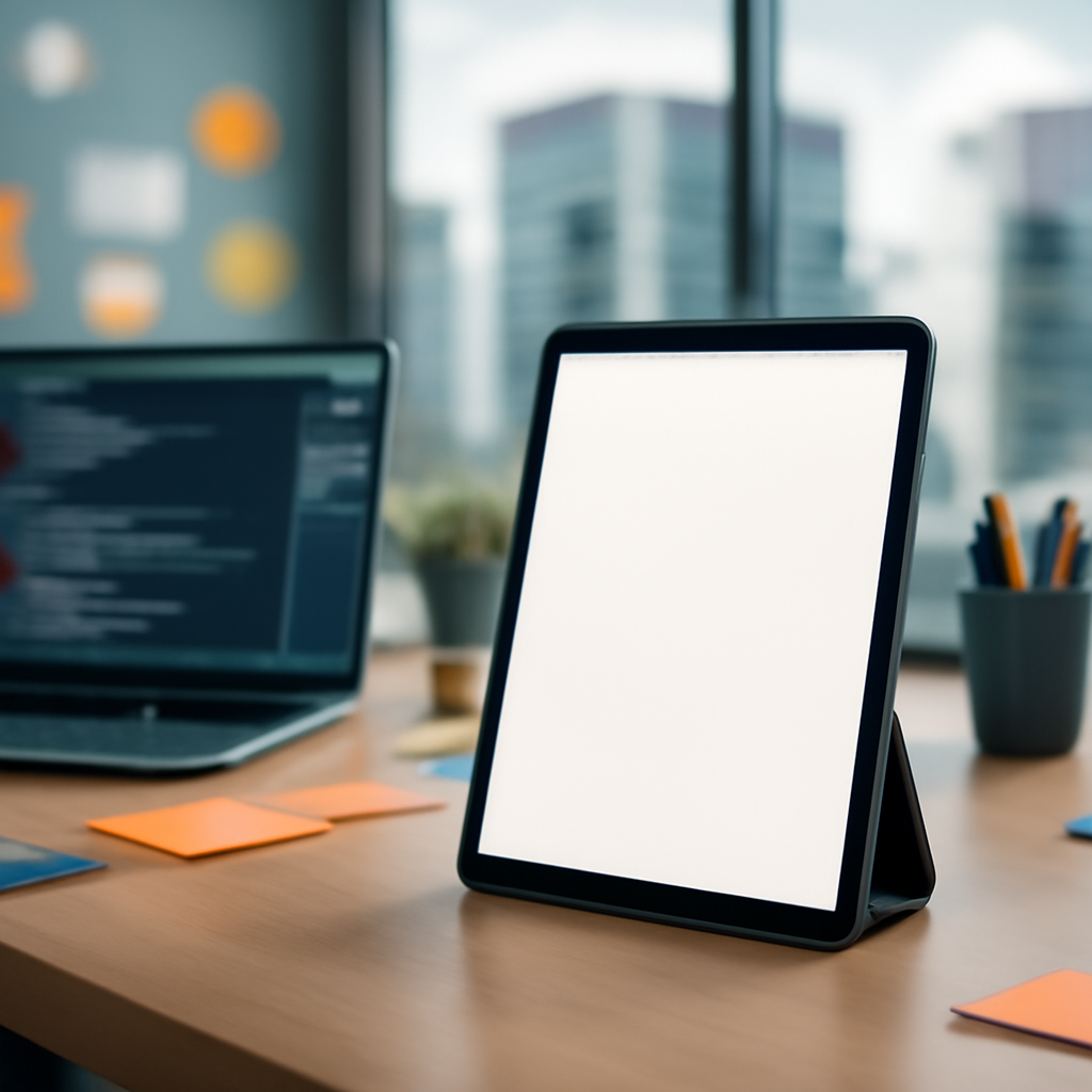 Modern mobile app development workspace with devices and equipment.