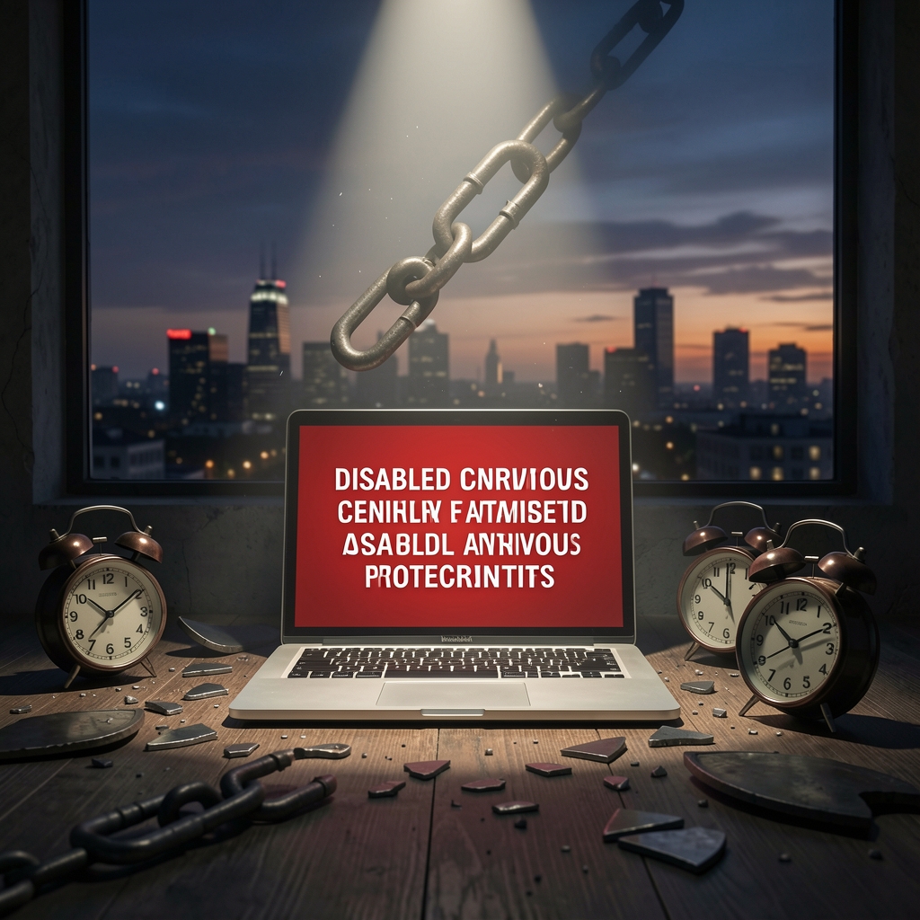 Dimly lit room with spotlight on laptop screen displaying warning, surrounded by shattered shield fragments and disabled…