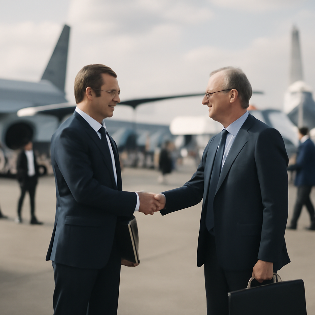 Two businesspeople meet in front of a blurred aerospace exhibition background.