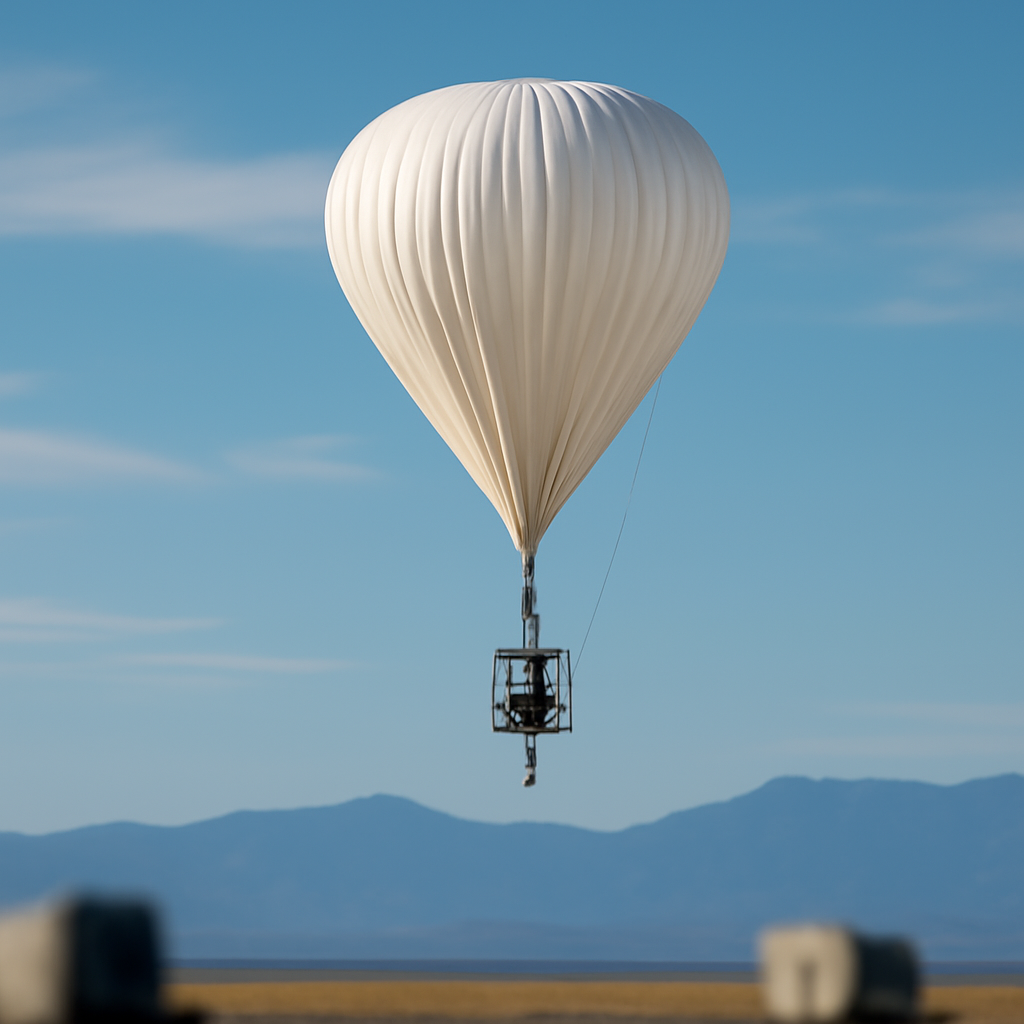 High-altitude balloon floats in clear blue sky with distant mountains.