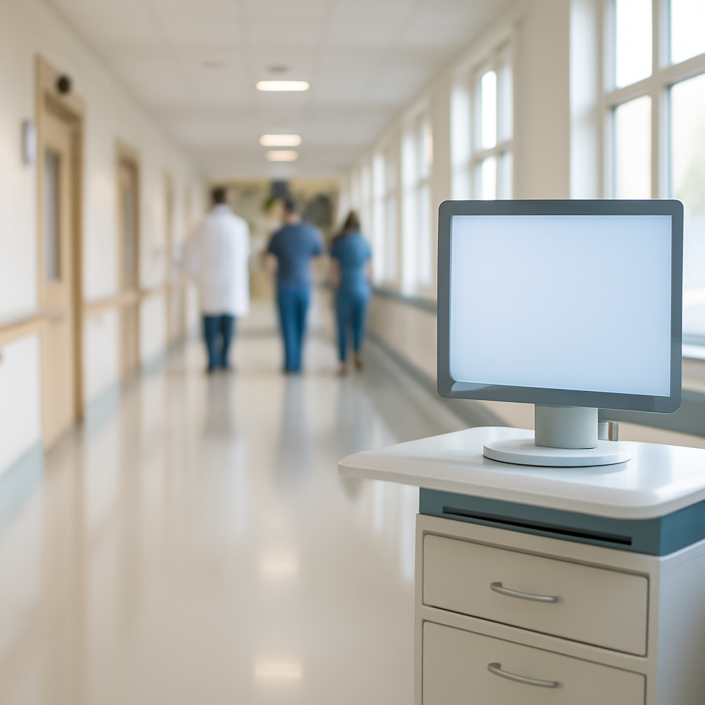 Hospital corridor with staff, patient rooms, and medical device near window.