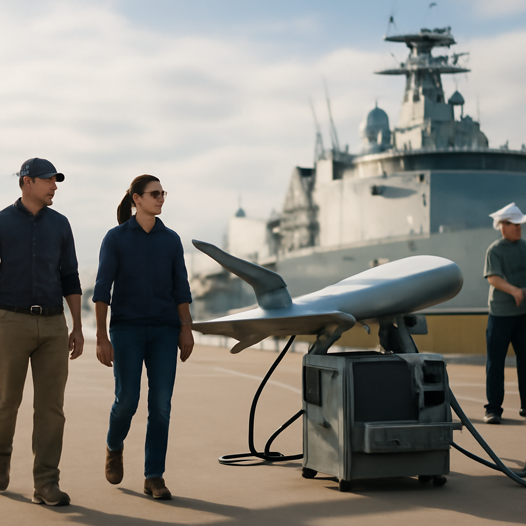 Naval personnel walk near a modern vessel with advanced equipment and established infrastructure.