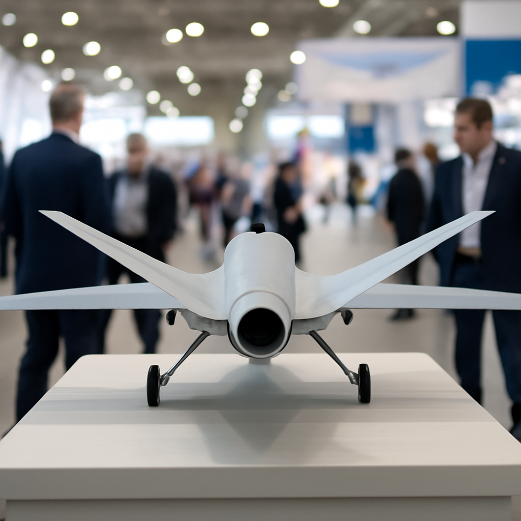 Sleek jet-powered drone on display at indoor event with blurred background of attendees.
