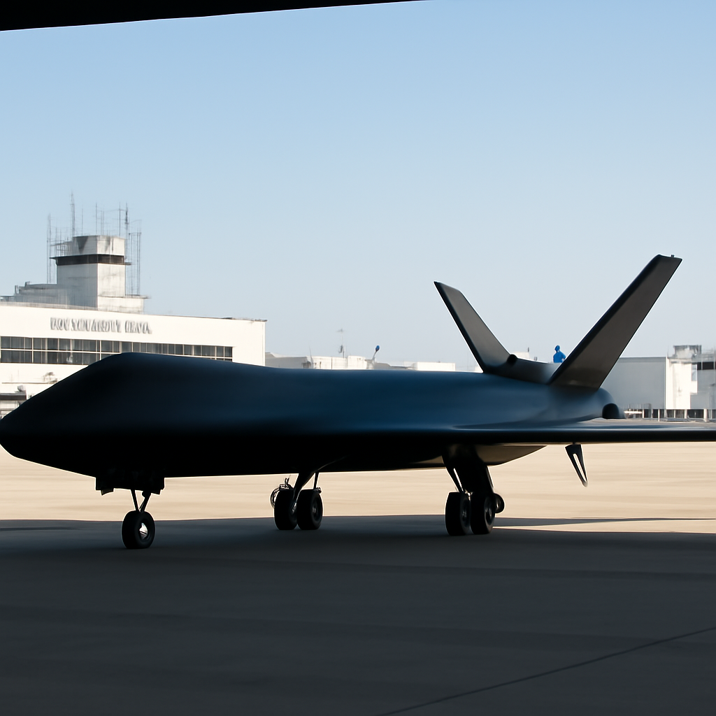 Large drone with sleek design and no visible cockpit on display at Long Beach Airport hangar or tarmac.