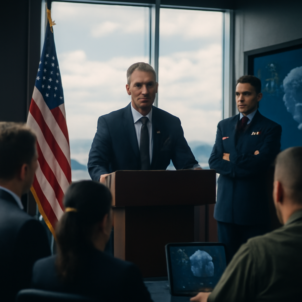 Military officials gather around a podium in a briefing room with a cloudy sky backdrop.