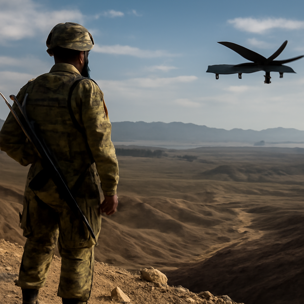 Pakistani military personnel overlooks desolate landscape towards Afghanistan border with drone in distance.