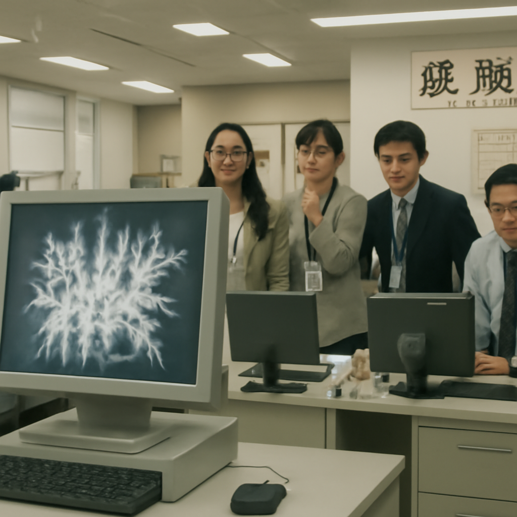 Concerned employees in a brightly-lit Japanese office setting with a computer workstation in the foreground showing a…