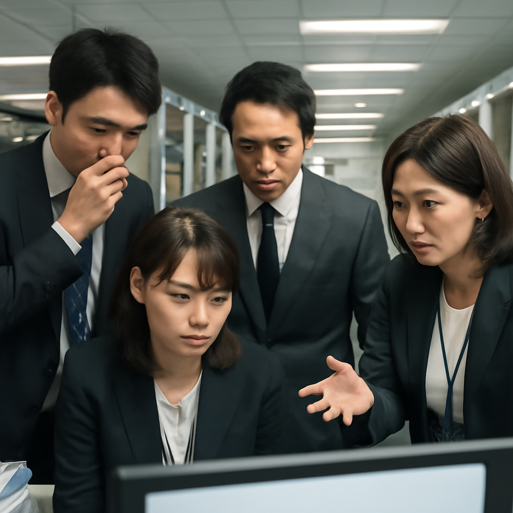 Concerned employees in a brightly-lit office or data center examine computer screens with somber expressions.