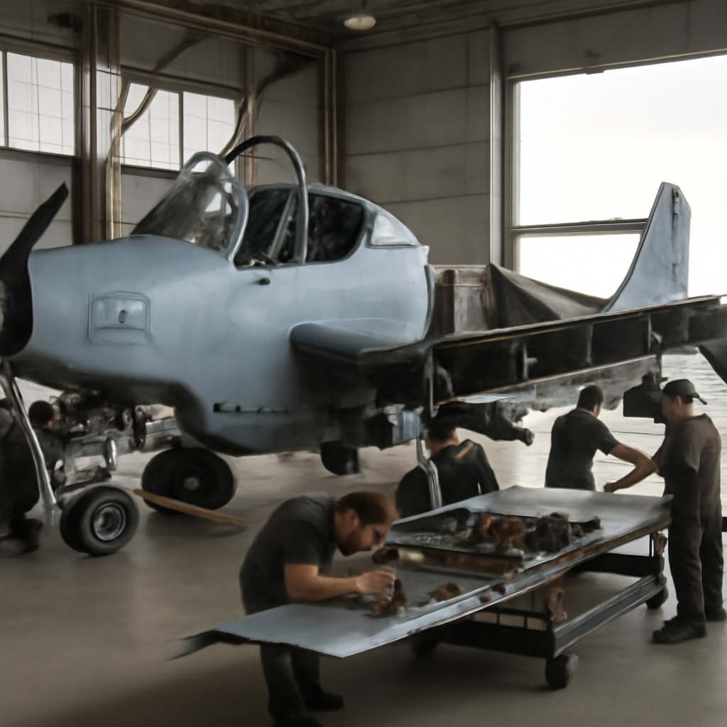 Technicians disassemble a military OA-1K Skyraider II aircraft in a well-lit hangar.