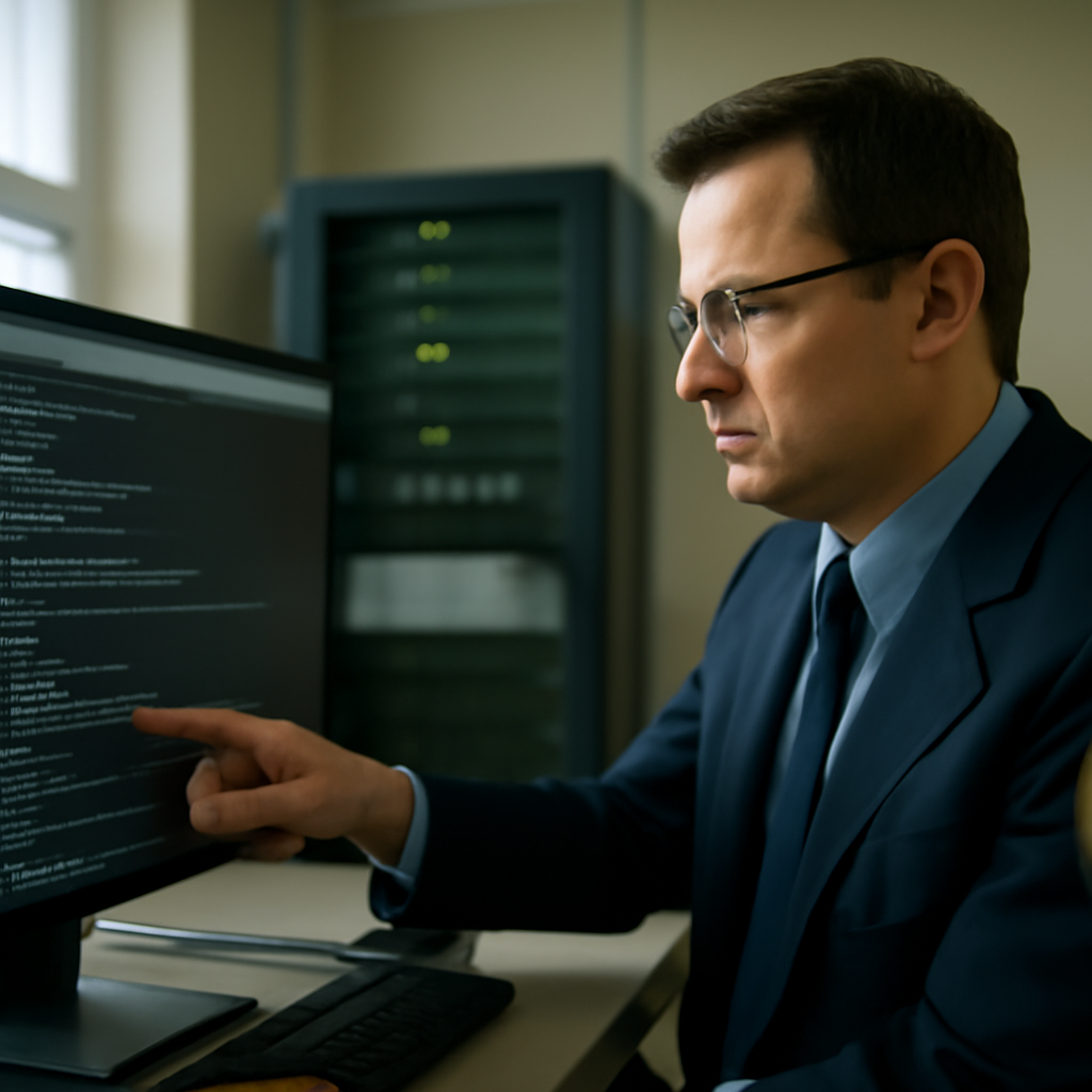 Security professional standing before computer screen in government server room.